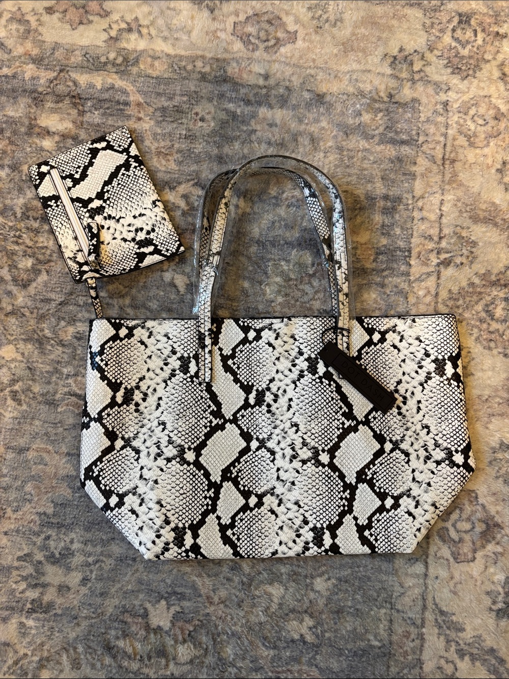 Snake-Print Tote with Matching Pouch - Black & White
